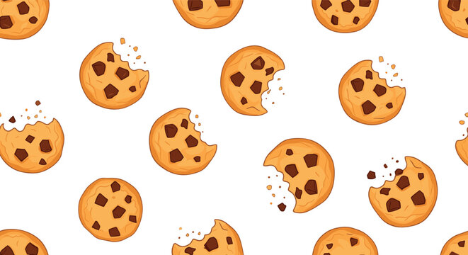 Delicious seamless pattern of crunchy chocolate chip cookies with bite marks and crumbs on white background.