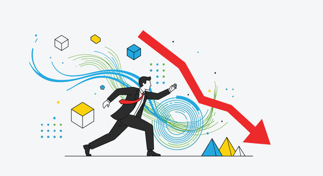 Businessman running along a declining red financial arrow representing a sudden economic crash and crisis.