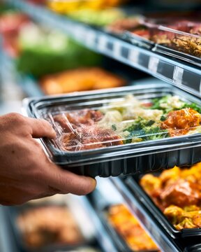 Hand Moving Sealed Ready Meal Container on Retail Cooler Shelf