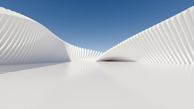Abstract 3D architectural rendering with white wavy parametric structures, blue sky background, empty floor, and minimalist geometric curved pavilion design