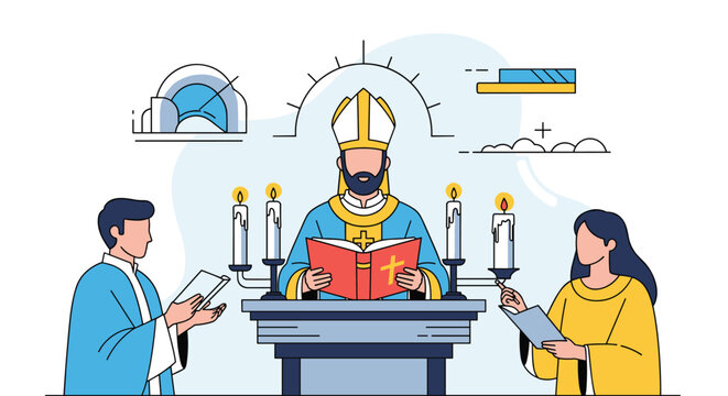 Catholic bishop or pope reading the holy Bible at an altar with candles during a religious Christian church service.