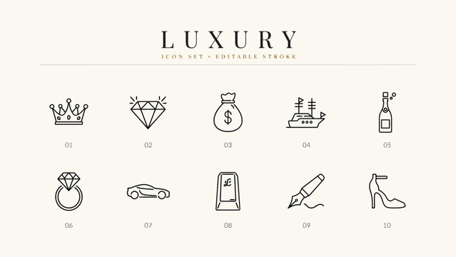 Set of ten luxury lifestyle icons including crown, diamond, purse, yacht, champagne, ring, car, briefcase, pen, and high heel . Vector illustration.