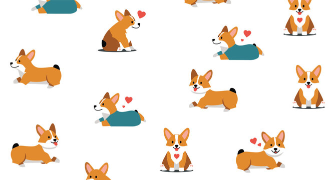 Seamless pattern of cute corgi dogs in playful poses wearing cozy sweaters with hearts on white background.