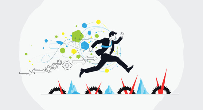 Businessman in a black suit jumping high over sharp dangerous obstacles and gears towards his success.