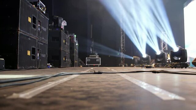 Low-Angle Shot Of An Empty Concert Stage During Pre-Show Setup With Stacks Of Large Speakers And Dramatic Lighting Beams For Event Production