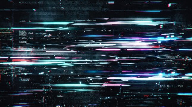 Glitch screen with heavy distortion error messages and digital noise for system failure.