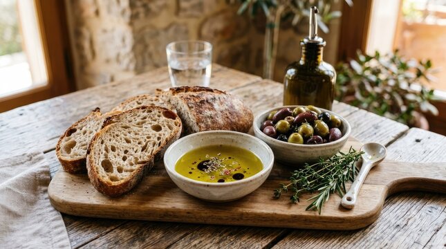 Artisan bread slices with olive oil and olives on wooden board.