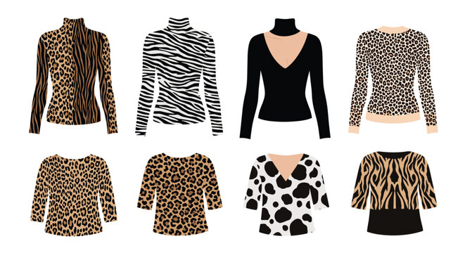 Set of womens fashionable tops with various wild animal print patterns, zebra tiger leopard cow skin texture, vector.