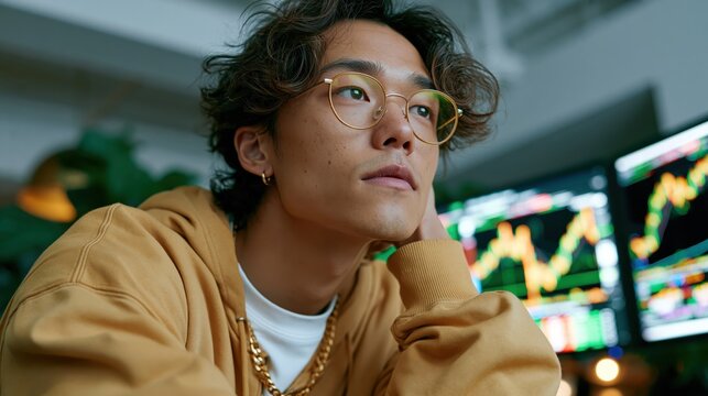 Thoughtful young Asian male day trader looking away while analyzing financial stock market charts on computer monitors in a modern creative workspace.
