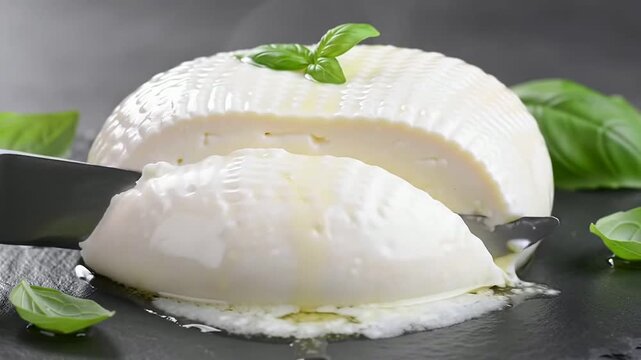 Macro Close-Up Of Fresh Burrata Cheese Being Gently Sliced Open With A Knife, Showcasing Creamy Texture And Aromatic Basil Garnish On A Dark Plate