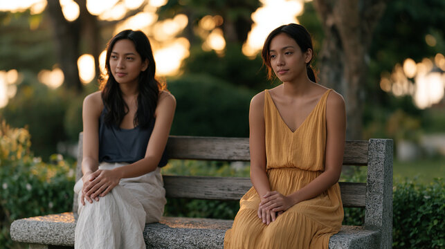 Two Filipino women who were once inseparable sitting on opposite ends of a park bench in silence, golden hour light splitting evenly between them, aftermath of a friendship