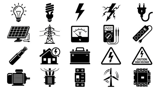 Electricity Icons: Energy, Power, Volt, Watt, Renewable Energy