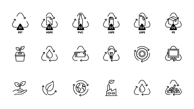 Recycling Icon Set Line Icons Showing Pet Hdpe Pvc Ldpe Ps Pp and Sustainability Concepts Featuring Collection, Environment
