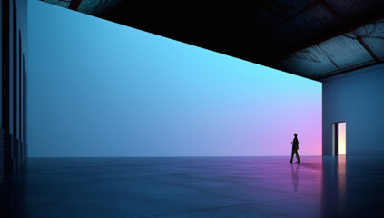 Business person walks through vast futuristic interior with soft blue and pink glow, reflective floor, and large copy space. Fits technology branding, corporate design, and innovation campaigns. © Lustre Art Group 