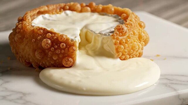 Macro Shot Of Melted Fried Camembert Cheese Oozing From A Crispy Golden Crust On A Marble Plate Perfect For Gourmet Food Presentation