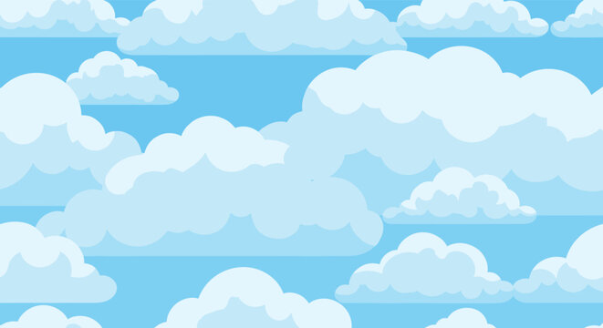 Seamless cartoon pattern of fluffy white clouds in clear blue sky for children room wallpaper or background design.