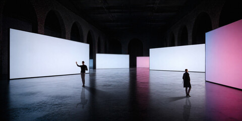 Visitors explore immersive digital space with glowing screens, reflective floor, dark arches, and panoramic layout. Fits XR events, interactive technology, and digital experience branding. © Lustre Art Group 