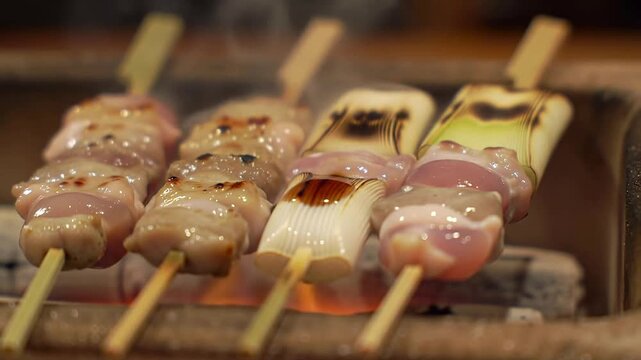 Macro Shot Of Yakitori Skewers (Negima) Grilling With Soy Sauce Drizzle Over White-Hot Coals