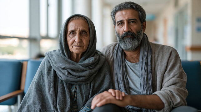 Iranian grandmother sitting beside her adult son at a hospital outpatient waiting room, her hand resting on his knee, rim backlighting from window behind them, empty nest evolved