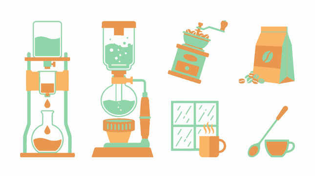 Coffee brewing equipment set including siphon dripper grinder and beans in flat vector illustration style