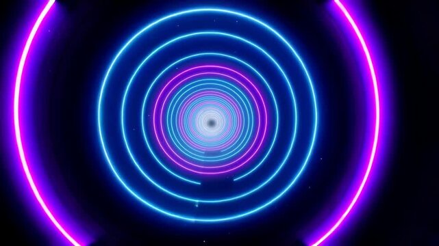 Futuristic animation of flying through a tunnel of glowing neon rings