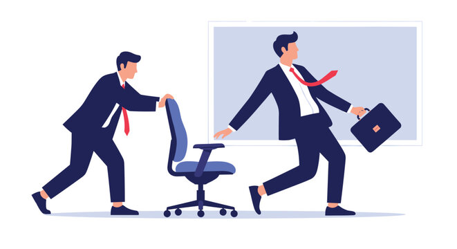 Unfair colleague pulling an office chair away from a businessman causing him to stumble and lose balance.