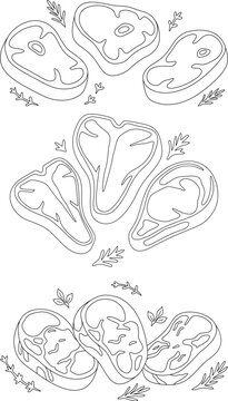 Vector illustration of various raw steak cuts, presented in a clean, line-art style, suitable for culinary and food-related designs