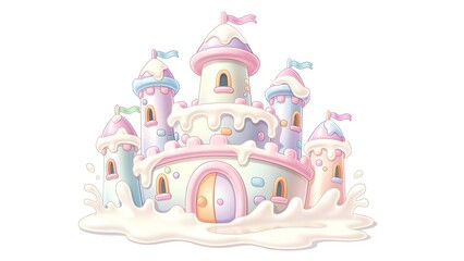 Fototapeta premium Whimsical Fantasy Castle Made From Glossy Milk Droplets and Soft Fluffy Clouds, Creative Magical Kingdom of Dairy Nutrition Concept, Children Imagination Abstract Flat Vector Graphic