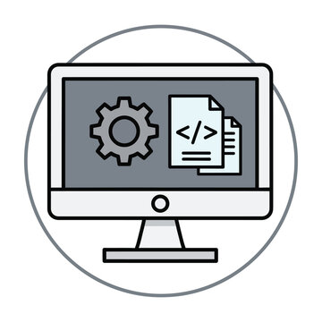 Computer monitor with gear and coding on screen technology concept