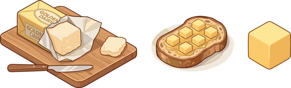 Butter product collection with a block on cutting board with knife crisp toast topped with butter cubes isometric icon vector illustration isolated on white background
