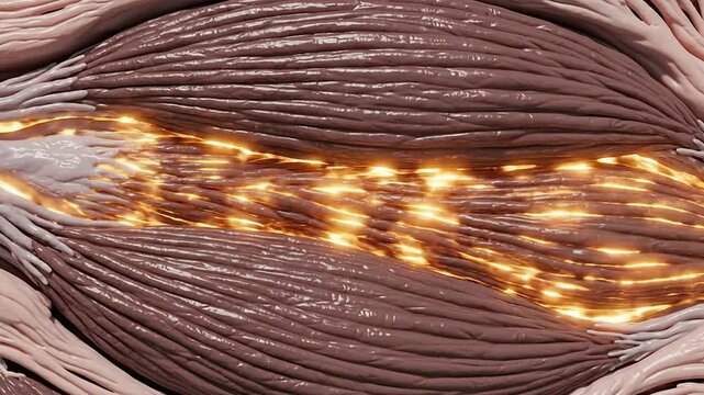 Microscopic CGI View of Muscle Fibers Under Tension Highlighting Individual Fibers and Their Detailed Structure for Medical and Biological Research
