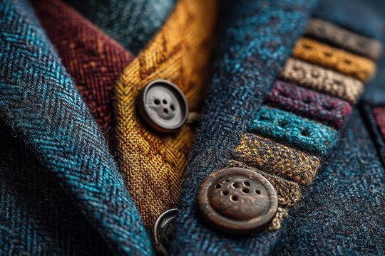Handmade wooden buttons on knitted fabric textures. Rustic crafting materials for fashion design and DIY sewing projects.