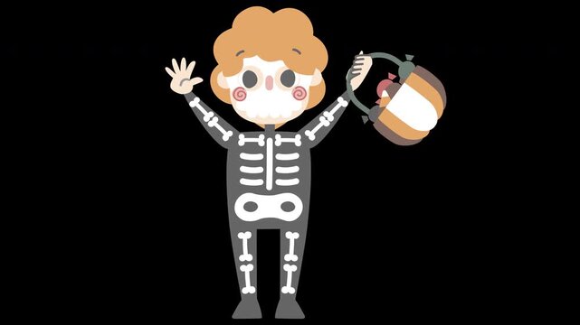animated video happy halloween holiday festival with boy wearing skeleton costume holding candy bucket, overlay transparent prores 4444 4K