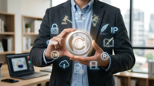 Copyright Protection Iconography: A businessman in a suit holds a glowing copyright symbol, surrounded by a constellation of digital icons representing intellectual property rights, law.