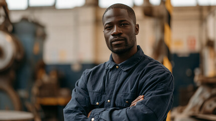 Naklejka premium Ghanaian-American young man in his first week back at a trade program after incarceration, uniform pressed and precise, standing at the edge of a workshop floor watching others