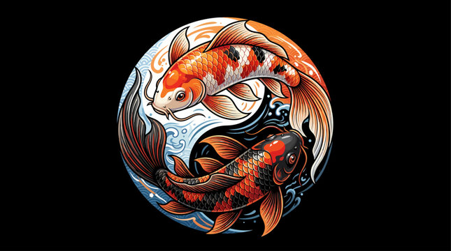Premium vector illustration of colorful koi fish swimming in a circular composition with decorative water waves. Suitable for Japanese themes, logos, tattoos, wall art, and ornamental designs.