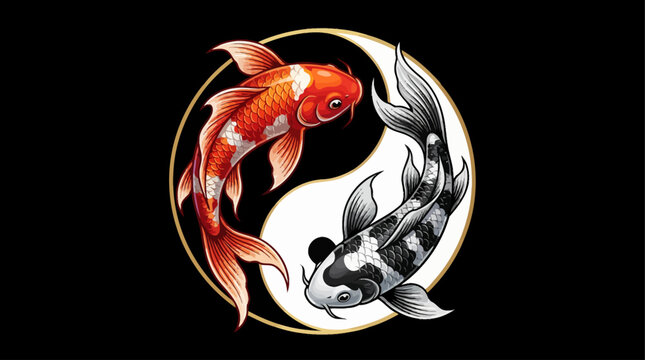 Elegant vector illustration of two colorful koi fish forming a yin yang symbol with detailed fins and flowing movement. Perfect for Japanese culture, tattoo, logo, spiritual, and decorative artwork.