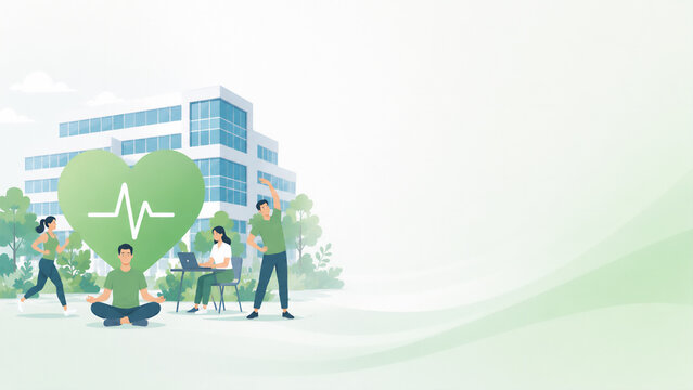 Health and productivity management concept with employee wellness, with copy space, flat illustration style