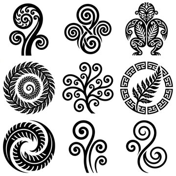 Collection of Maori inspired koru and tiki designs.