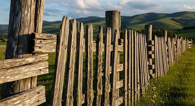 Rustic Wooden Fence in Countryside Landscape.