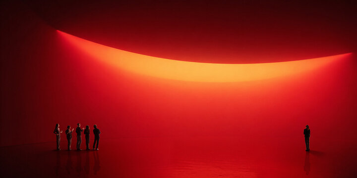 Group stands in immersive red digital space with curved glowing wall, deep reflections, and large copy space. Fits virtual venues, XR branding, and technology campaigns.