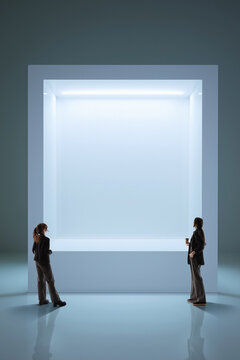 Two women stand before luminous digital portal in pale futuristic space with soft cool light, reflective floor, and centered composition. Fits digital interfaces, XR, and spatial technology campaigns.