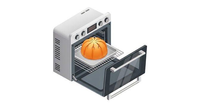 Isometric view of oven with cake on baking sheet inside