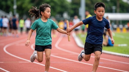 Fototapeta premium Two children running together on track during a relay race 