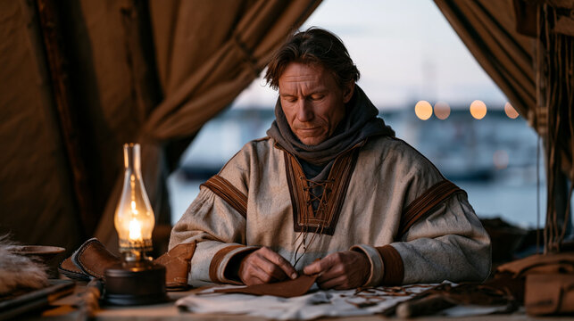 Sami reindeer herder repairing traditional leather boot by kerosene lamp inside a lavvu tent during summer midnight sun, human resilience, Arctic lifestyle, indigenous