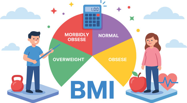BMI body mass index infographic vector illustration with people chart calculator and health icons for medical education
