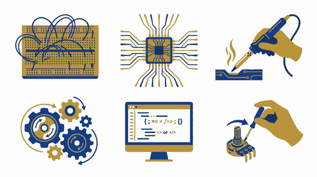 Set of electronics and engineering icons featuring breadboard chip soldering computer code gears and potentiometer adjustment in flat vector style