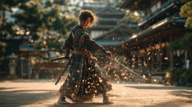 戦国時代を生きる架空の武士、刀と伝統衣装を身にまとった日本の侍のポートレート