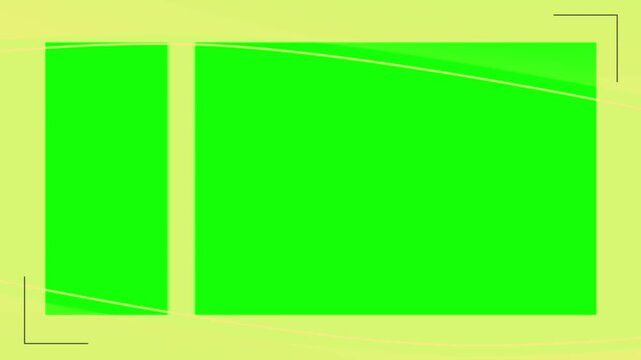 Layout templates featuring sharp geometric corners and rectangular frames sit against a soft yellow background.