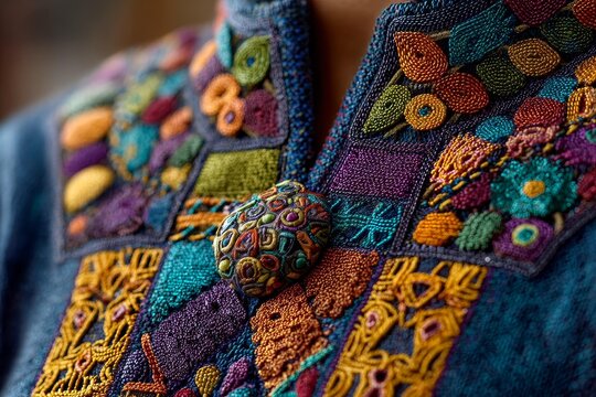 Close-up of colorful knitted sweater with intricate fair isle patterns. Handmade winter garment featuring vibrant geometric designs and cozy texture.